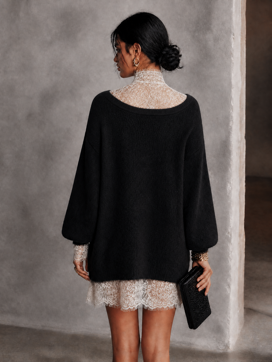 Women's Lace Trim Elegant Knit Mini Dress MDZ1111H8GMJ