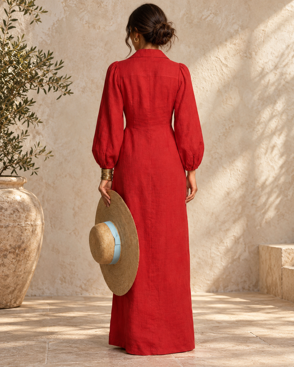 Women's minimalist long-sleeve maxi dress by Modesees featuring a fitted waist and single-breasted design, perfect for elegant occasions.