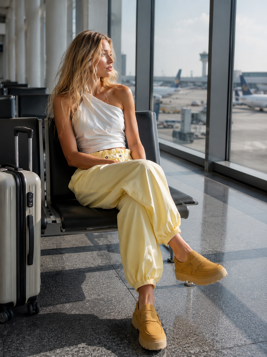 Casual Fashion White Cotton-Linen One-Shoulder Top And Light Yellow Pants Set