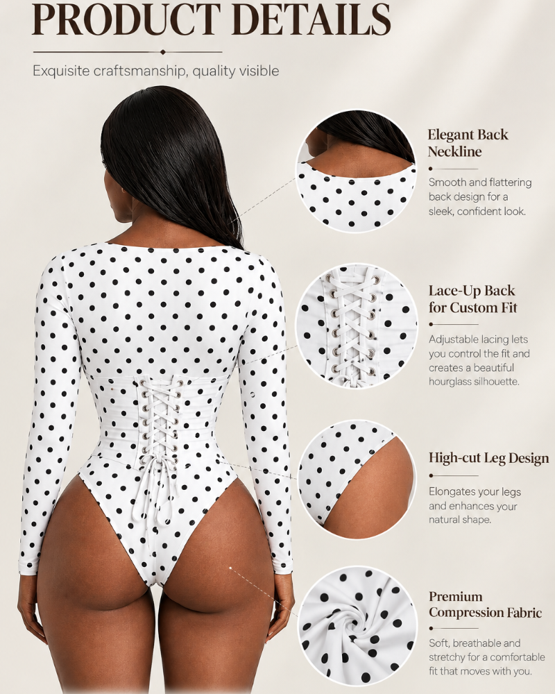Polka Dot Square Neck Long Sleeve Bodysuit Detachable Corset Two Piece Set