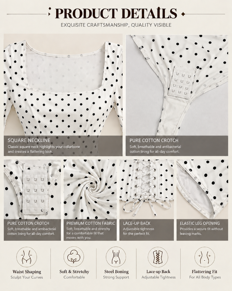 Polka Dot Square Neck Long Sleeve Bodysuit Detachable Corset Two Piece Set