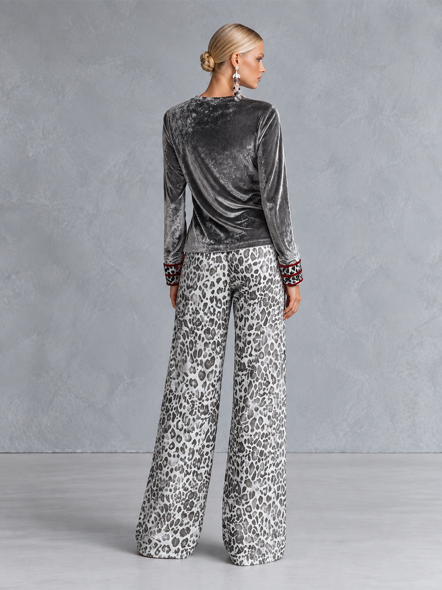 Womens grey striped trim T-shirt and leopard-print wide-leg trousers velvet set by Oyrosy Clothing, casual chic fashion ensemble.