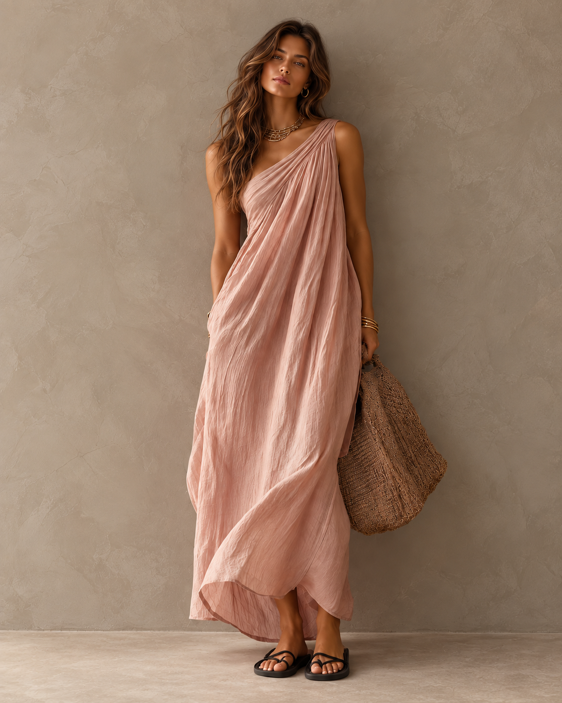 Women's Elegant Pink Cotton-Linen One-Shoulder Sleeveless Maxi Dress - By Qivii