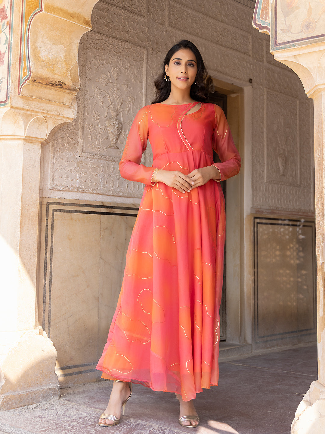 Coral Rose Peach-Orange Flade Kurta - By Ragavi - qivii