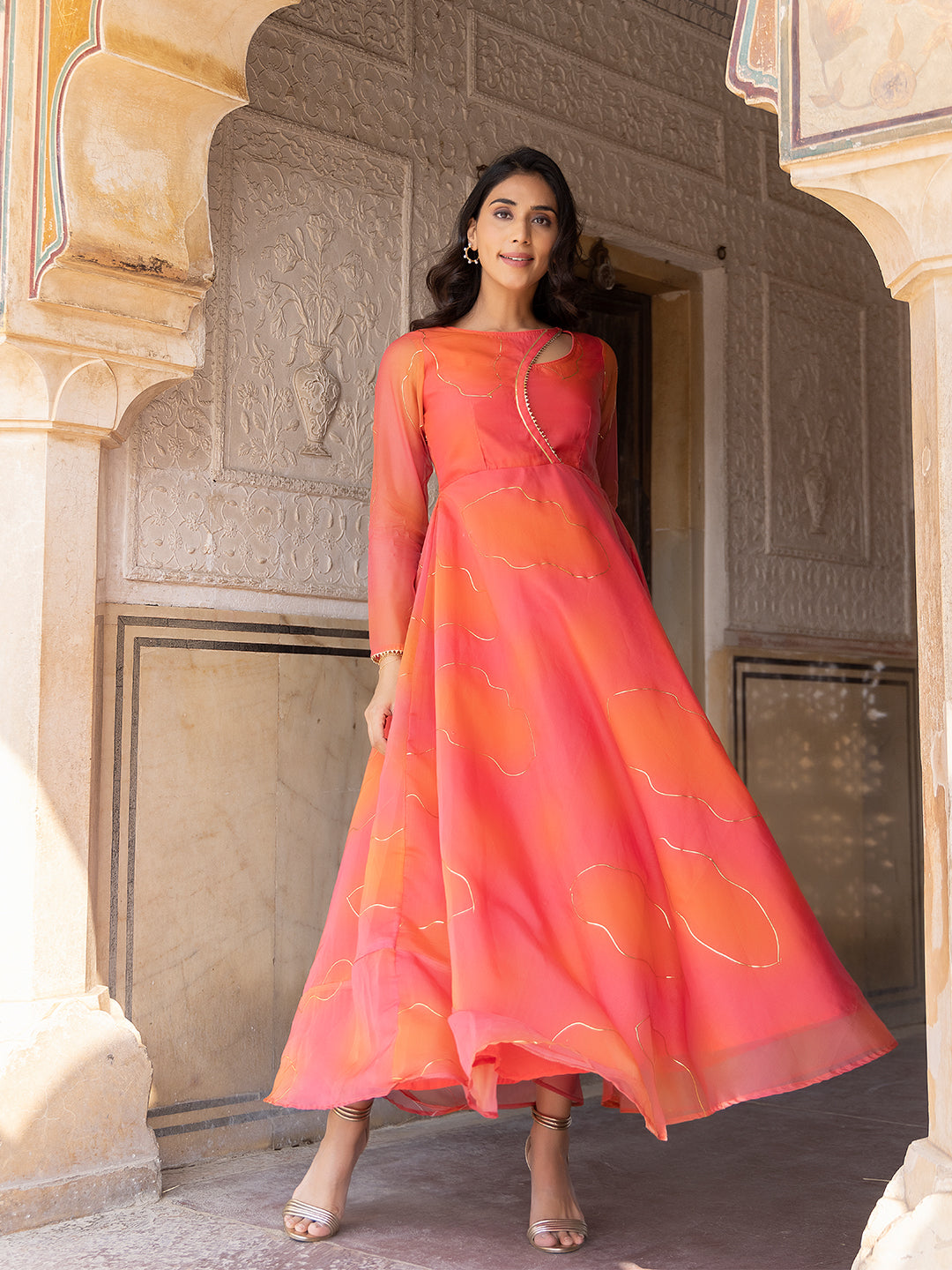 Coral Rose Peach-Orange Flade Kurta - By Ragavi - qivii