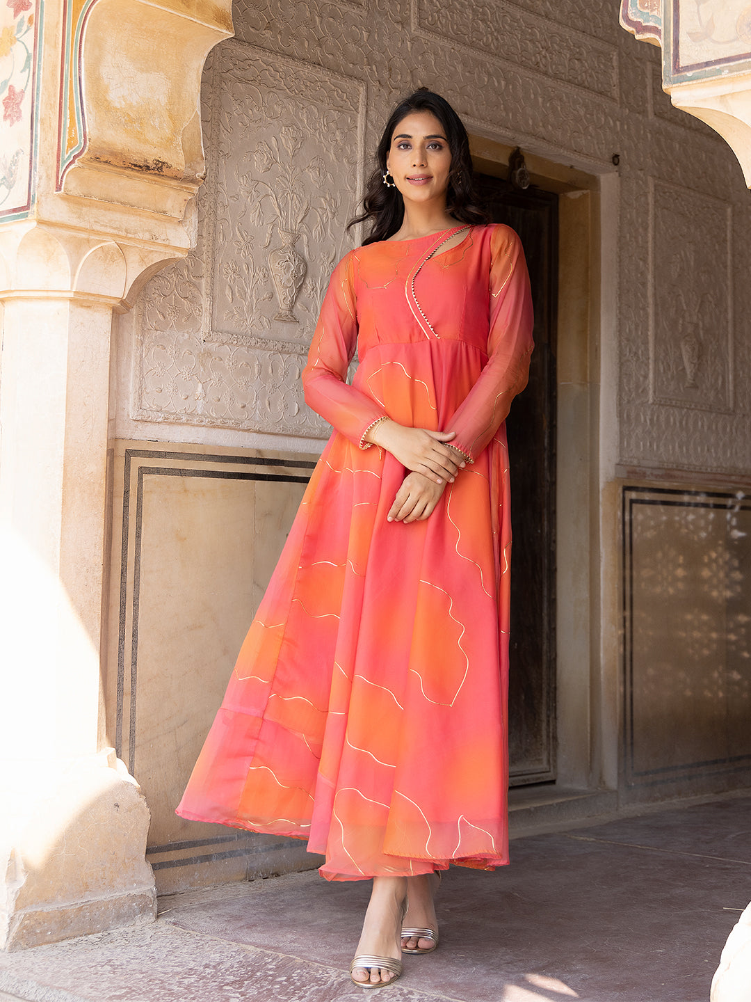 Coral Rose Peach-Orange Flade Kurta - By Ragavi - qivii