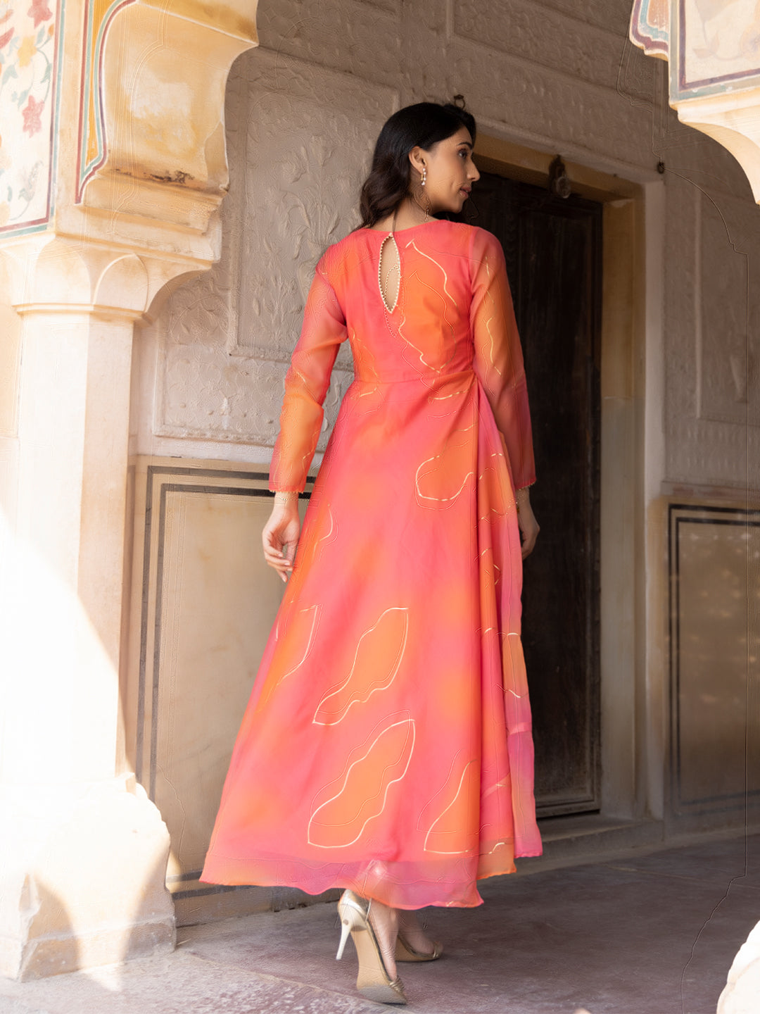 Coral Rose Peach-Orange Flade Kurta - By Ragavi - qivii