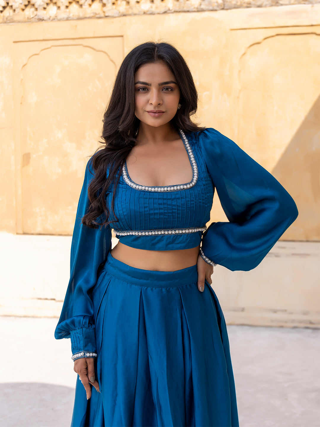 Crystal Teal Blue Vanilla Silk Top with Skirt