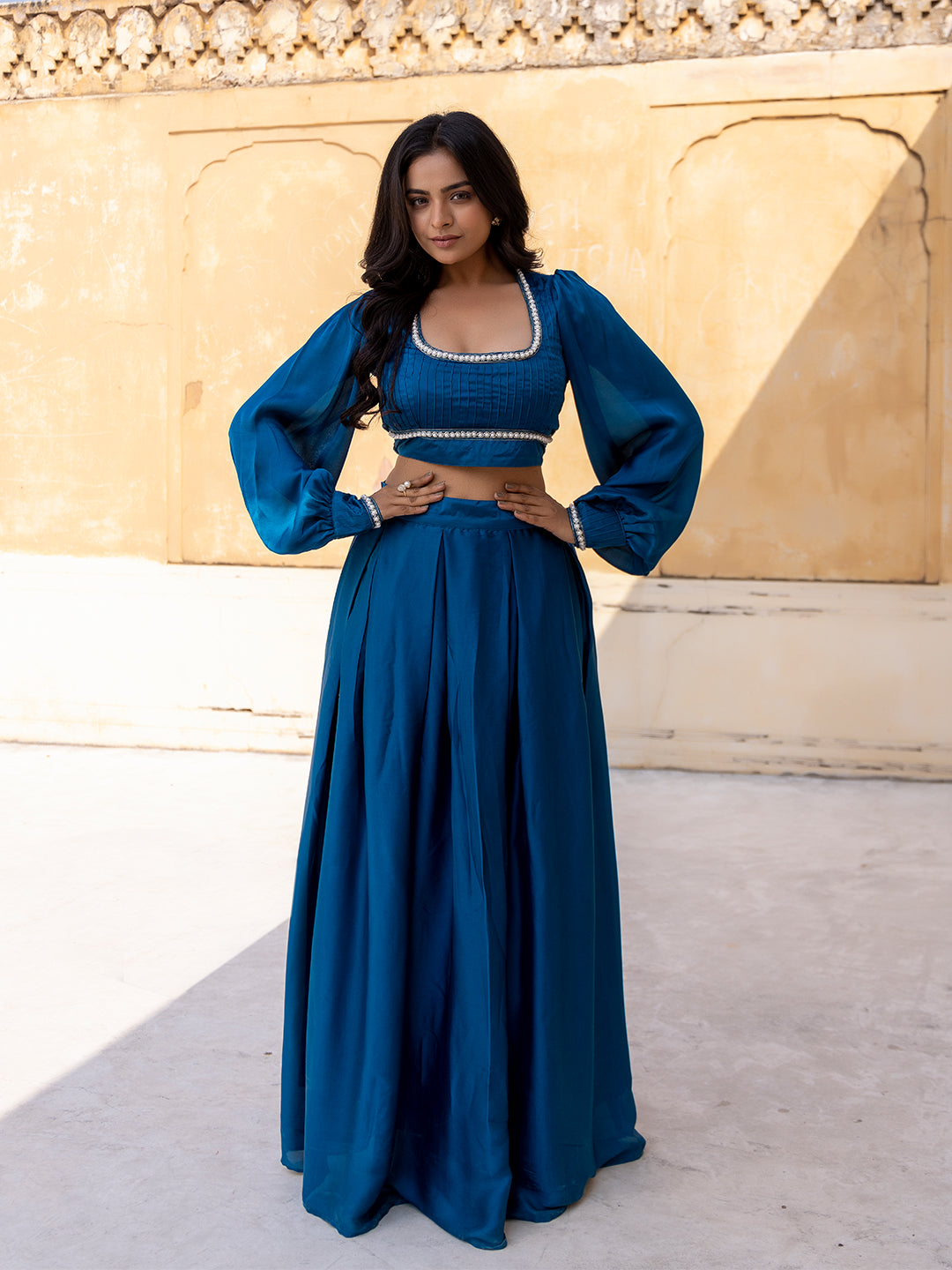 Crystal Teal Blue Vanilla Silk Top with Skirt