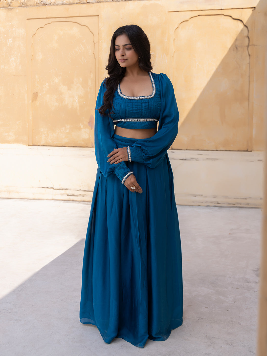 Crystal Teal Blue Vanilla Silk Top with Skirt