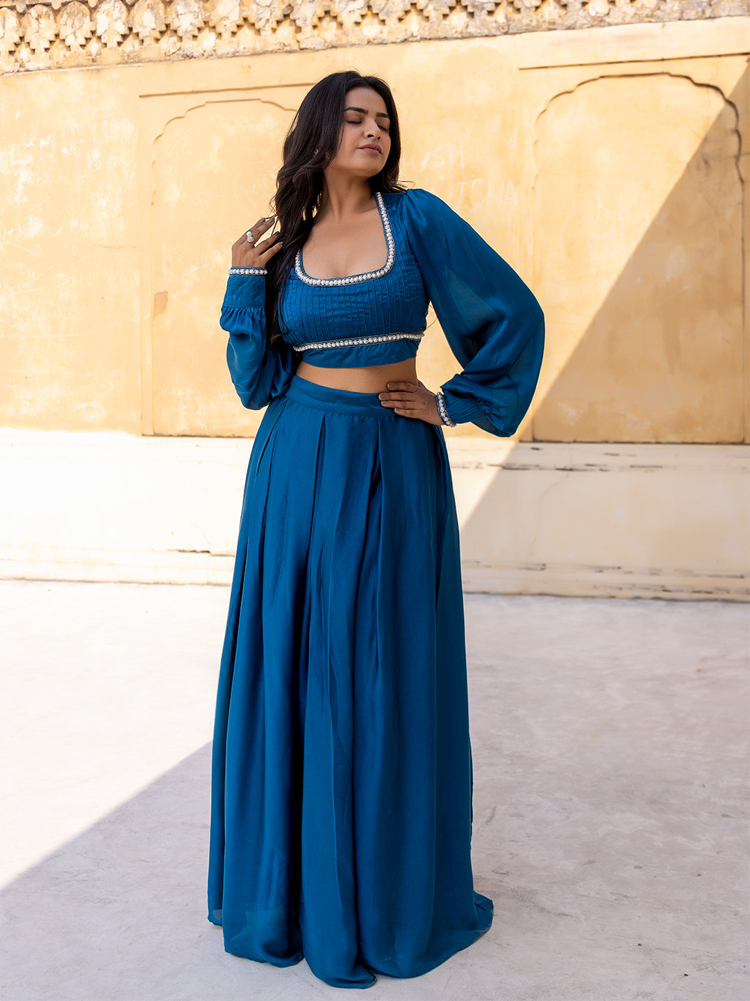 Crystal Teal Blue Vanilla Silk Top with Skirt