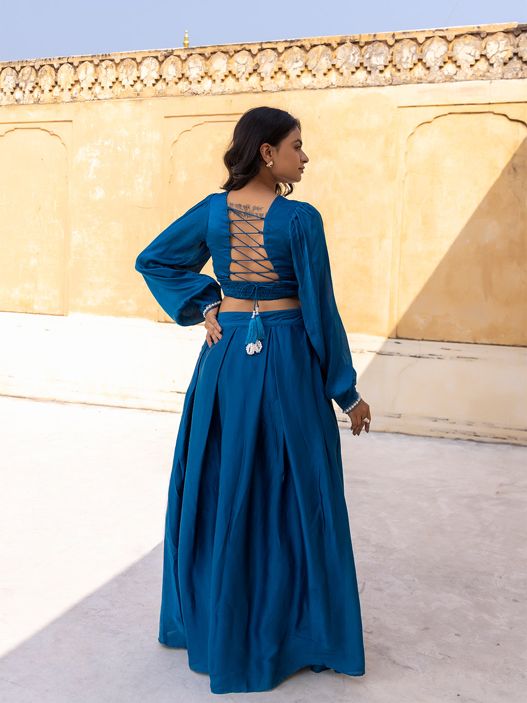 Crystal Teal Blue Vanilla Silk Top with Skirt