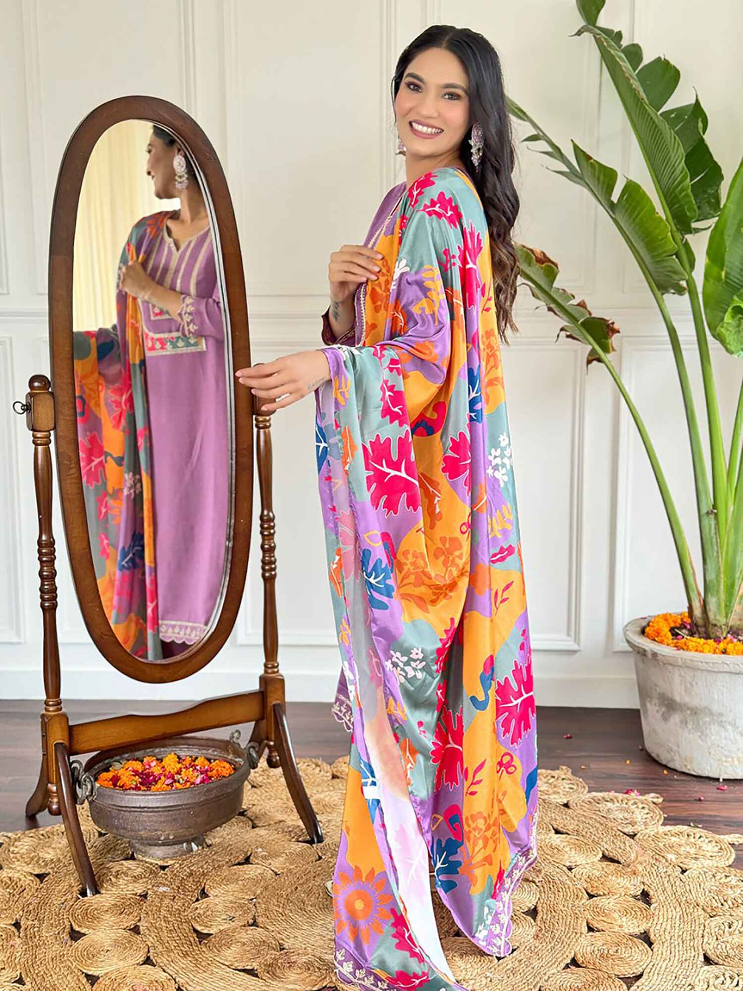 Matching satin dupatta with gorgeous digital print to complete the radiant ensemble
