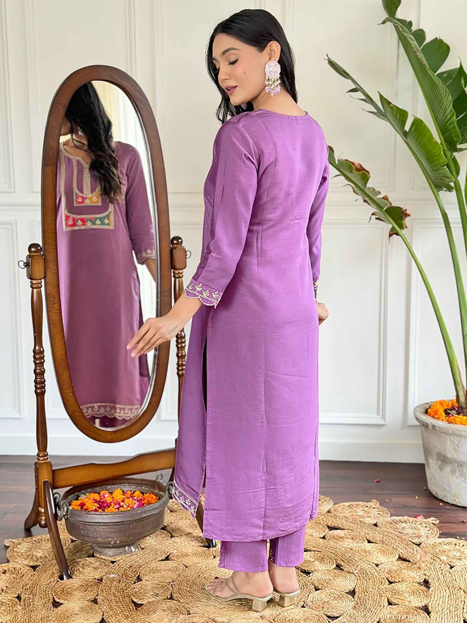 Exquisite purple ensemble blending tradition and modern aesthetics for festivities