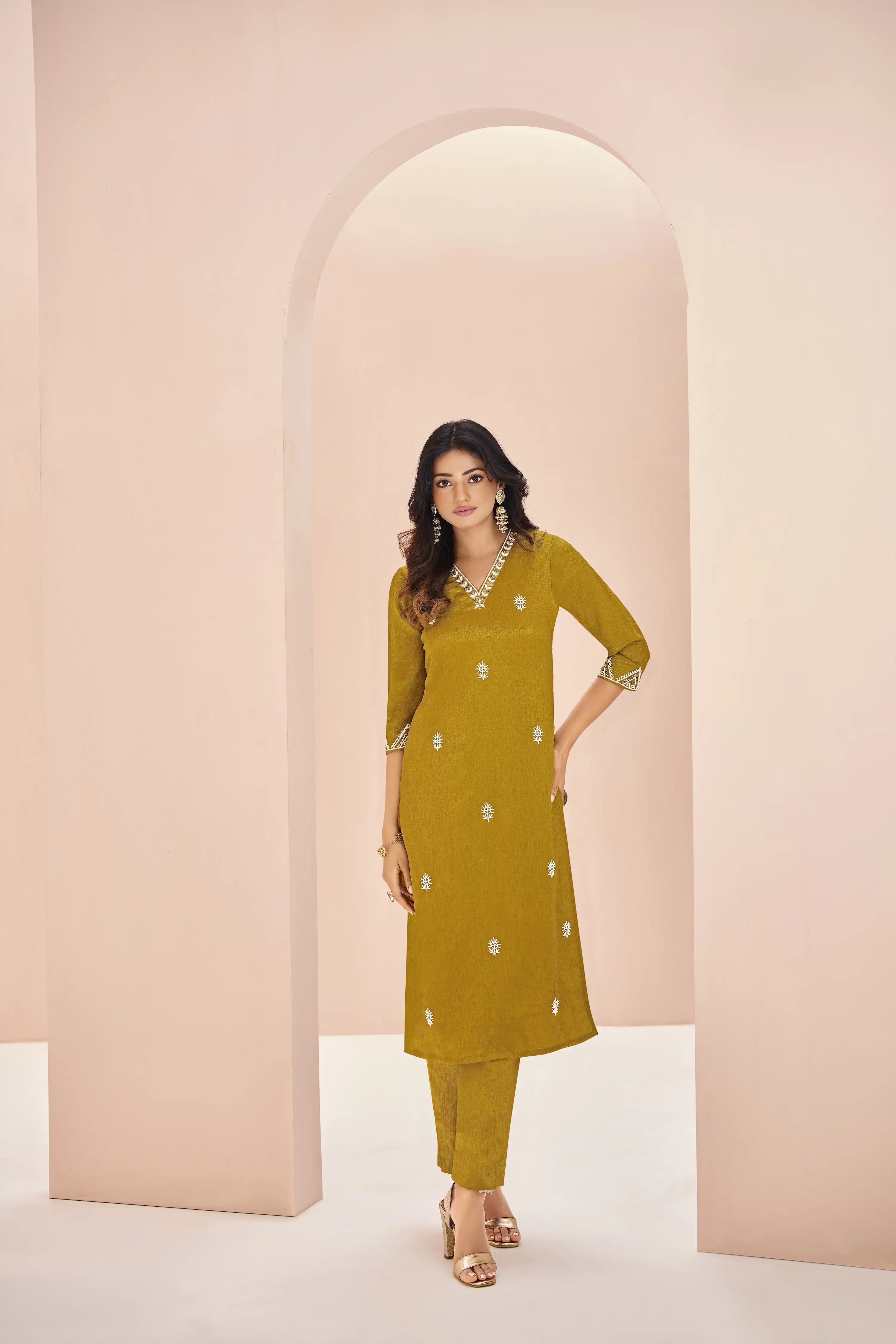 Mustard Yellow Chinon Handwork Salwar Suit - qivii