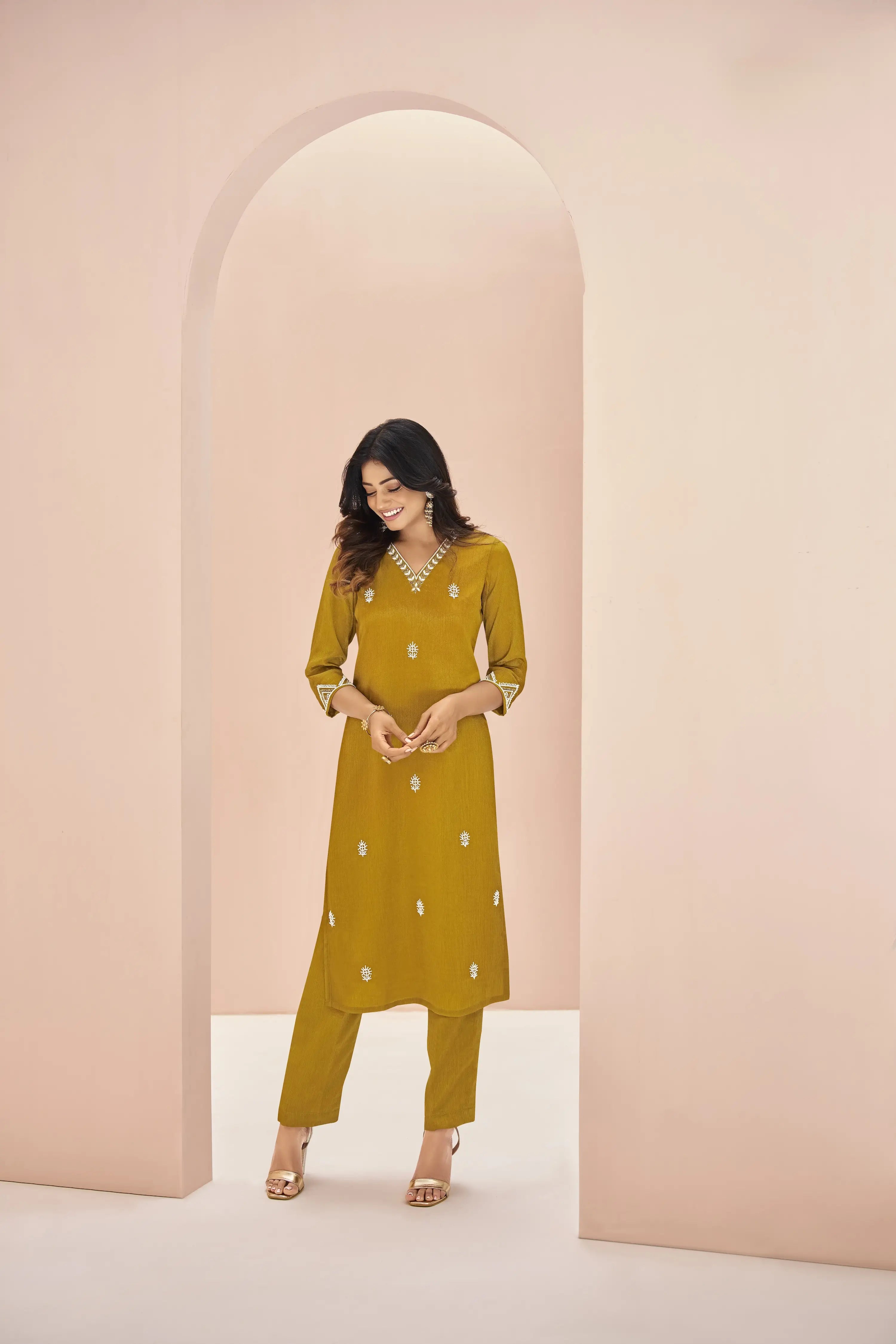 Mustard Yellow Chinon Handwork Salwar Suit - qivii