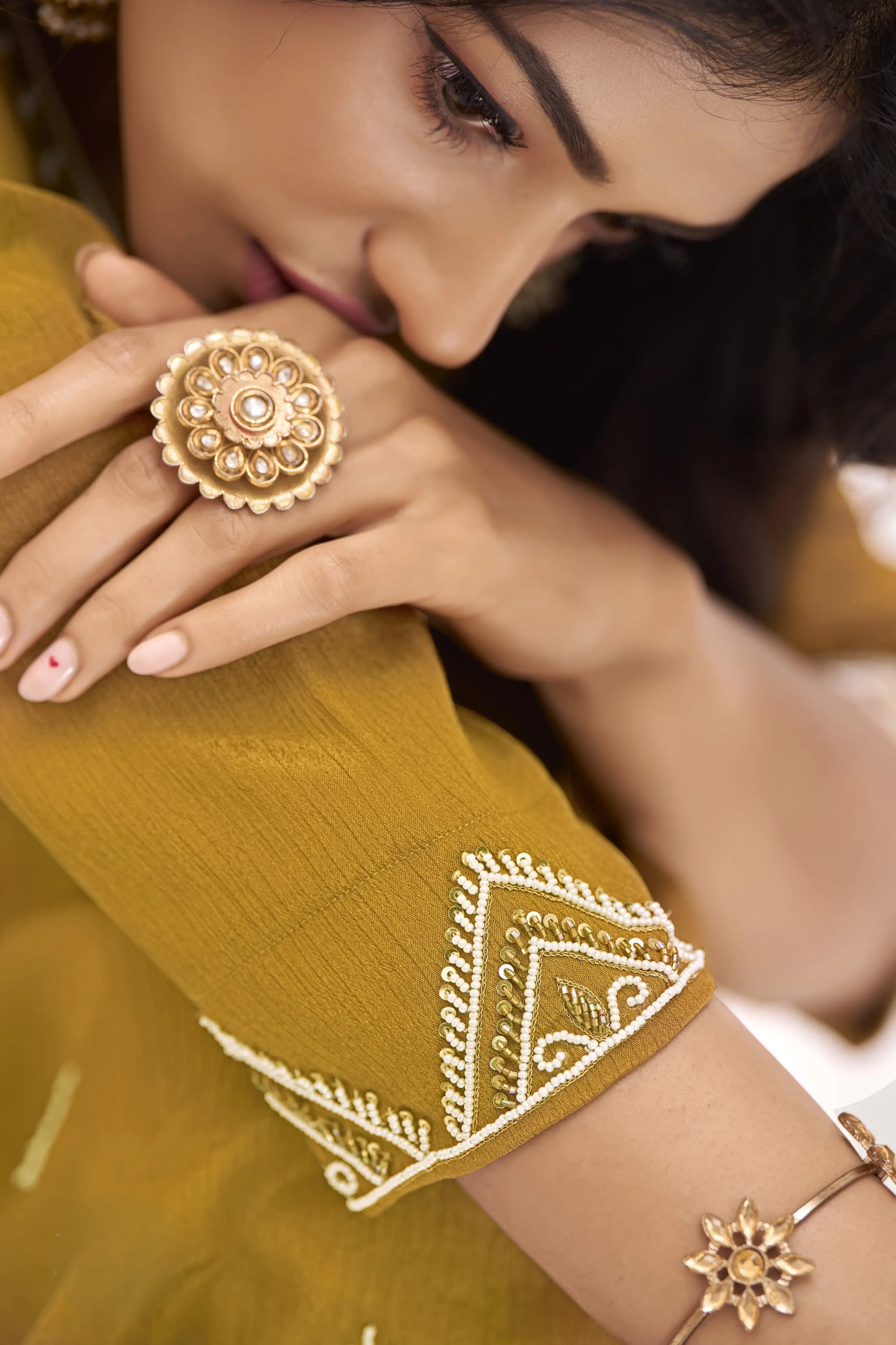 Mustard Yellow Chinon Handwork Salwar Suit - qivii