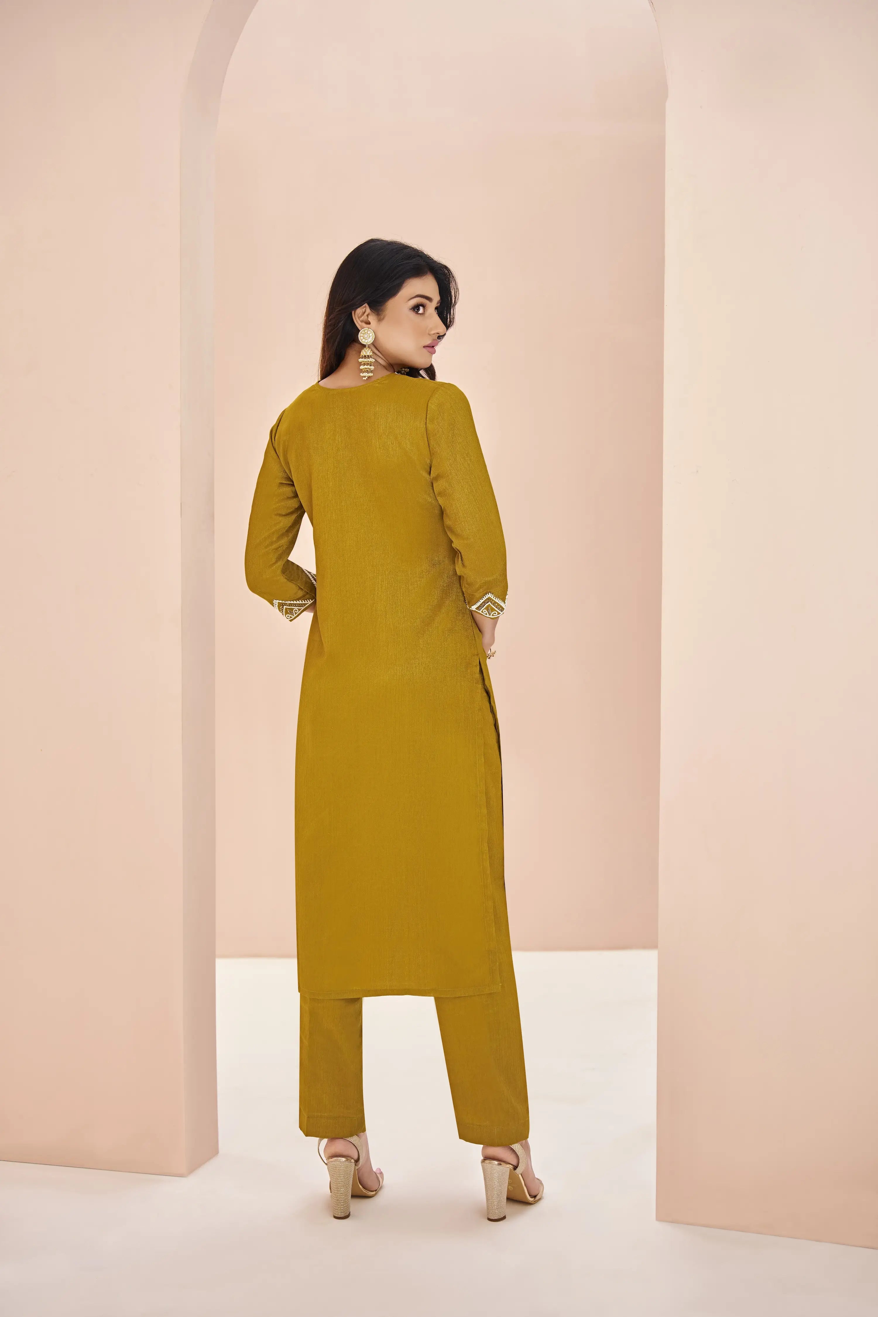 Mustard Yellow Chinon Handwork Salwar Suit - qivii