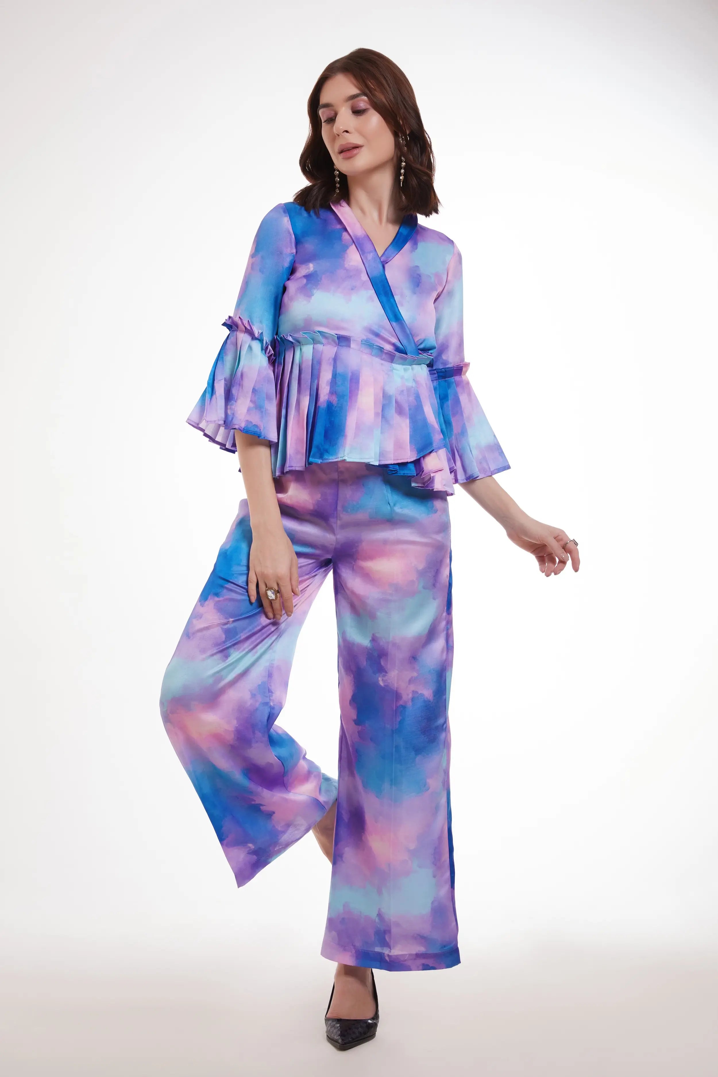 Purple Printed Satin Co-ord Set - qivii