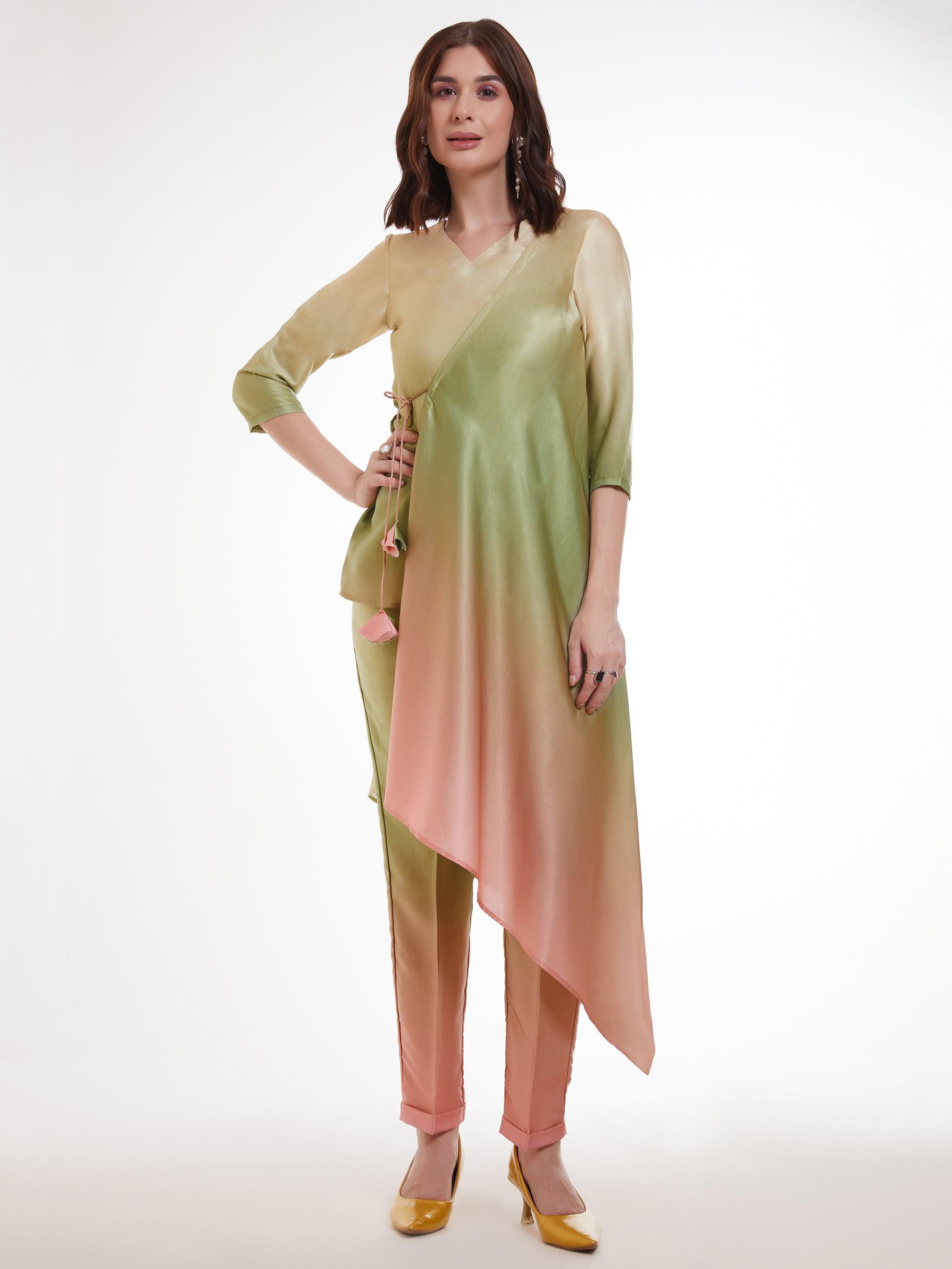 Fabulous Ombre Green Satin Designer Asymmetrical Kurta Set crafted with rich ombre green satin and intricate printed work for a stunning impression