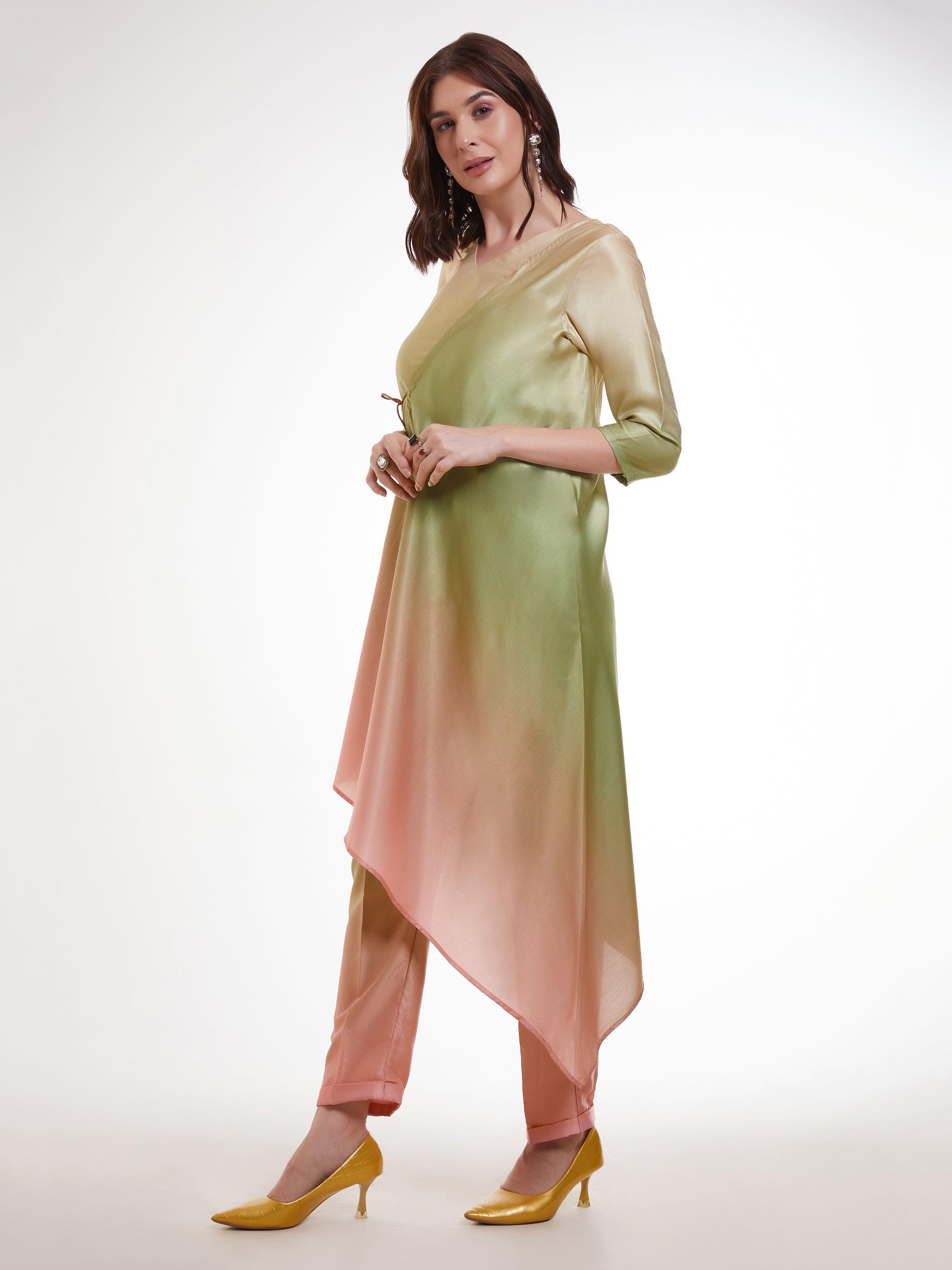Stunning ombre green designer asymmetrical kurta set for formal gatherings or festive celebrations