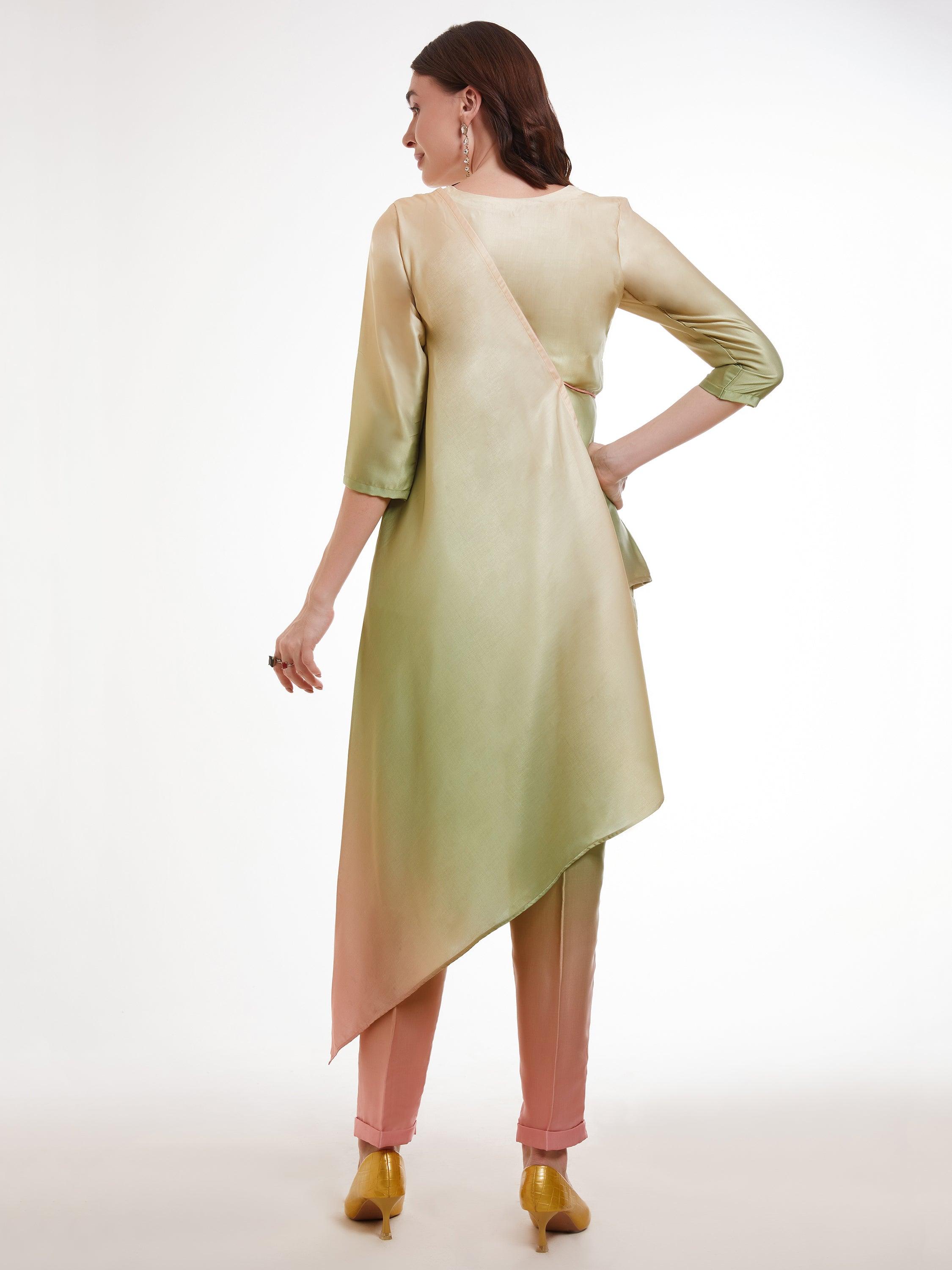 Unique asymmetrical kurta in rich ombre green satin transitioning from lighter to deeper shades