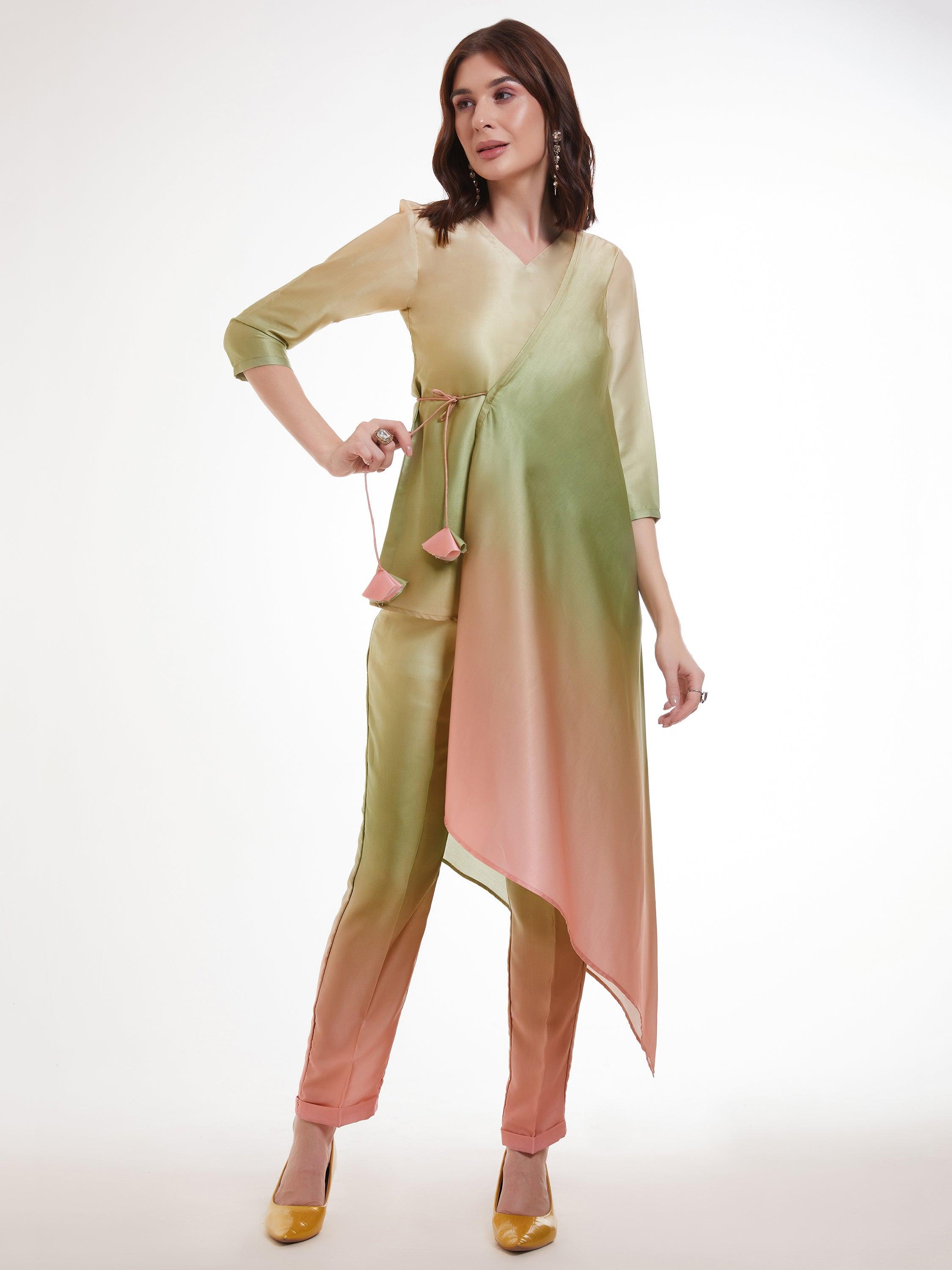 Elegant ombre green satin kurta and pants set with unique asymmetrical design and flattering fit for all body types