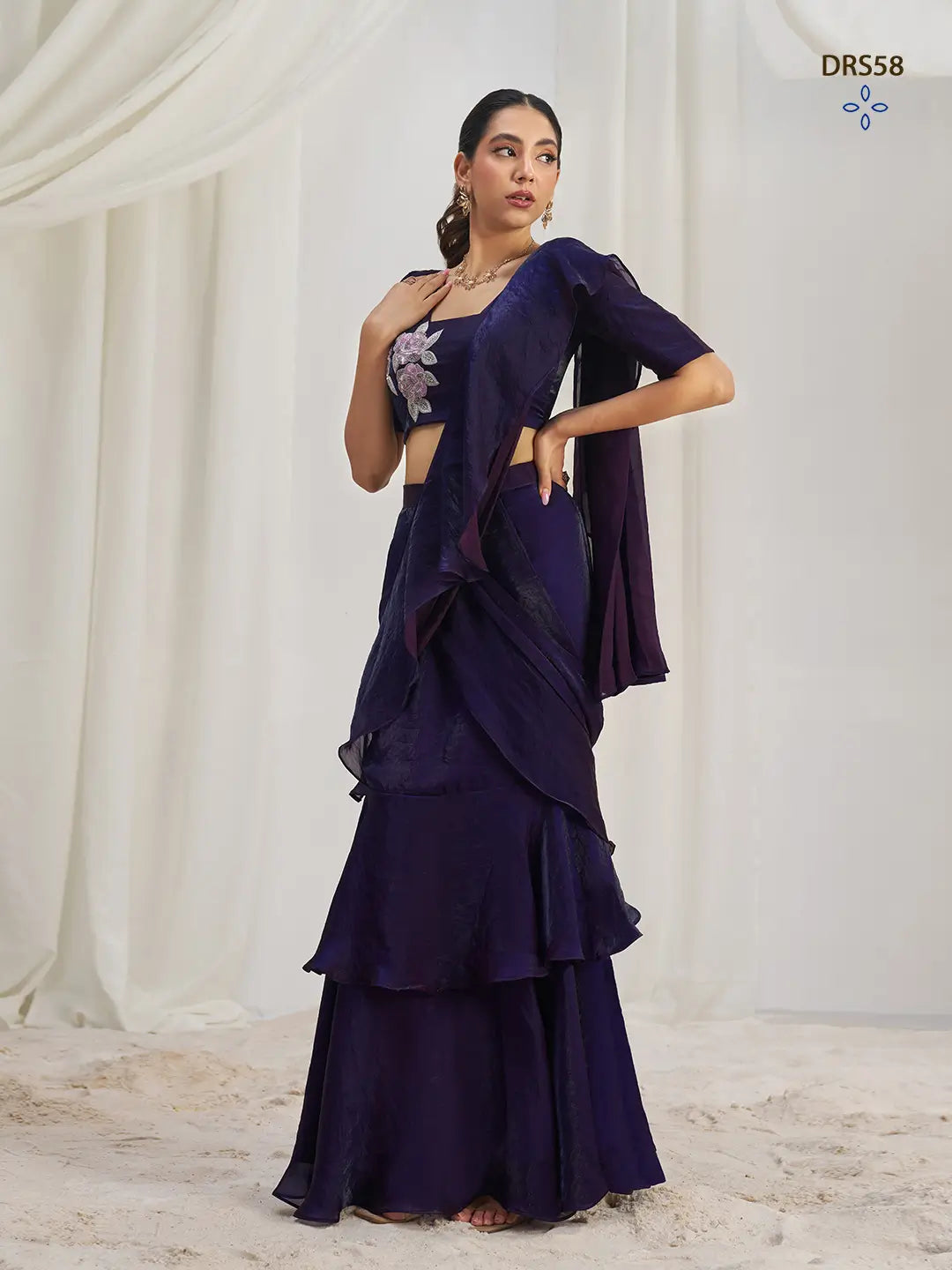 Wine Organza Party Wear Saree With Handwork - qivii