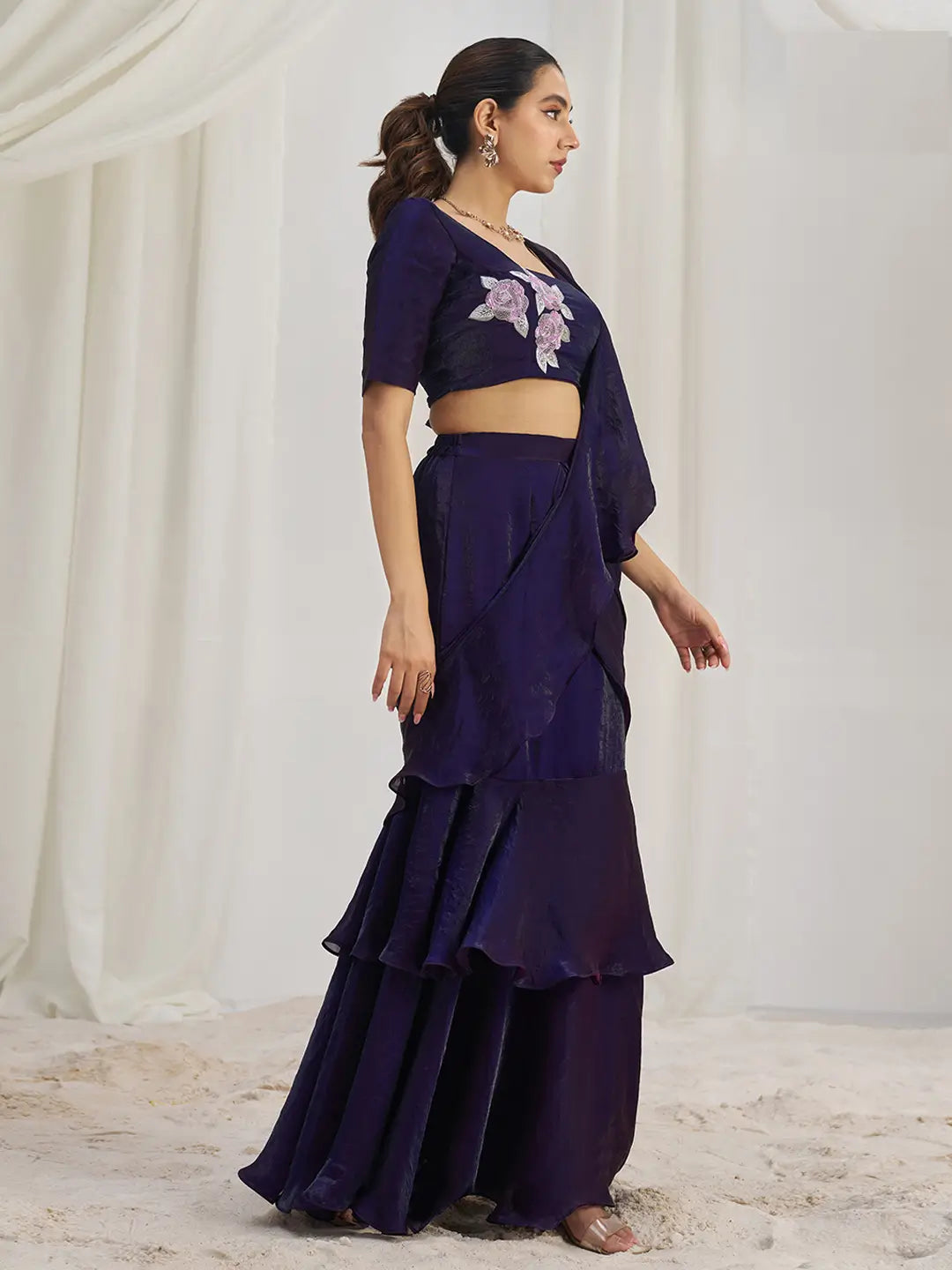 Wine Organza Party Wear Saree With Handwork - qivii