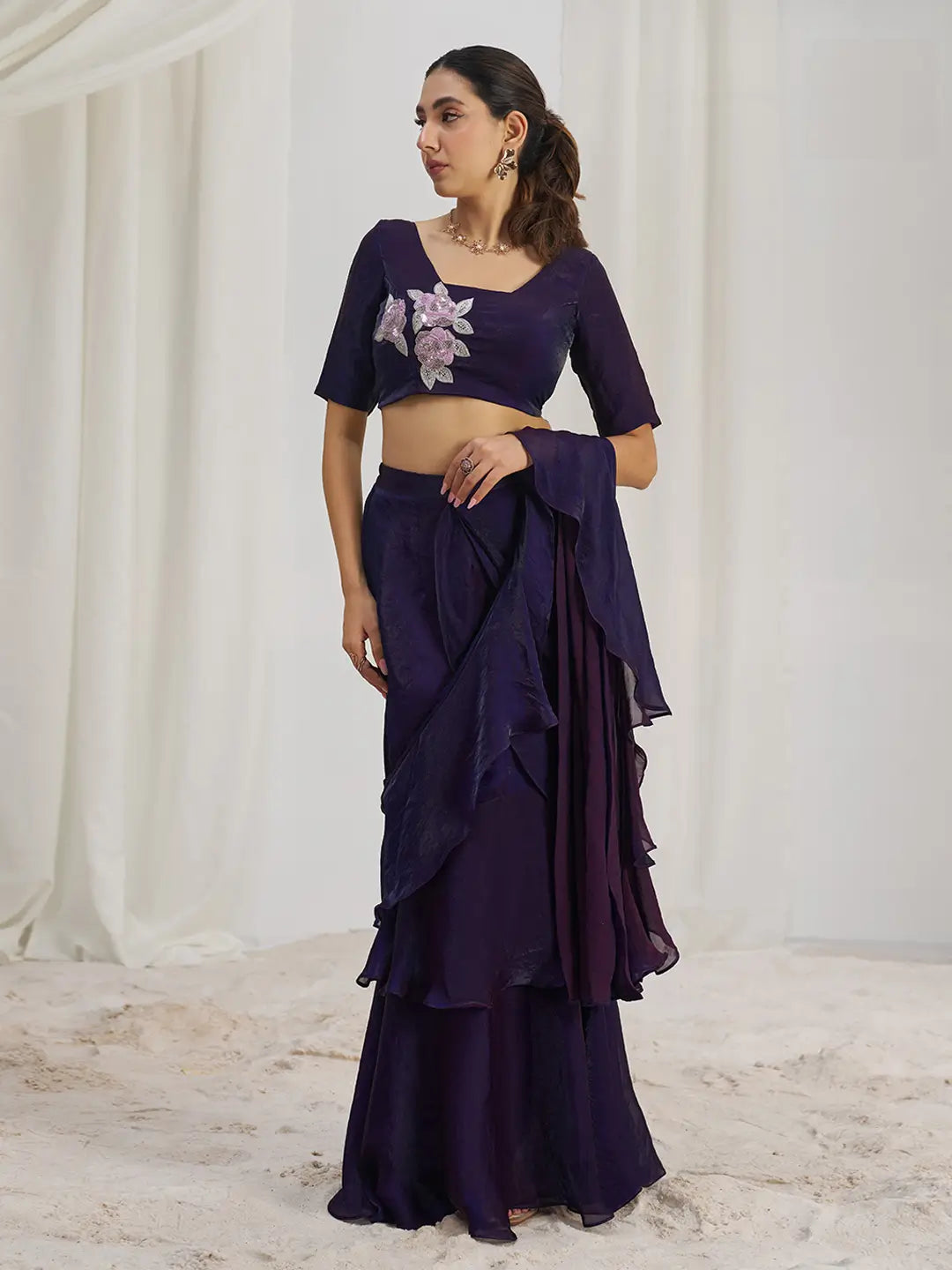 Wine Organza Party Wear Saree With Handwork - qivii