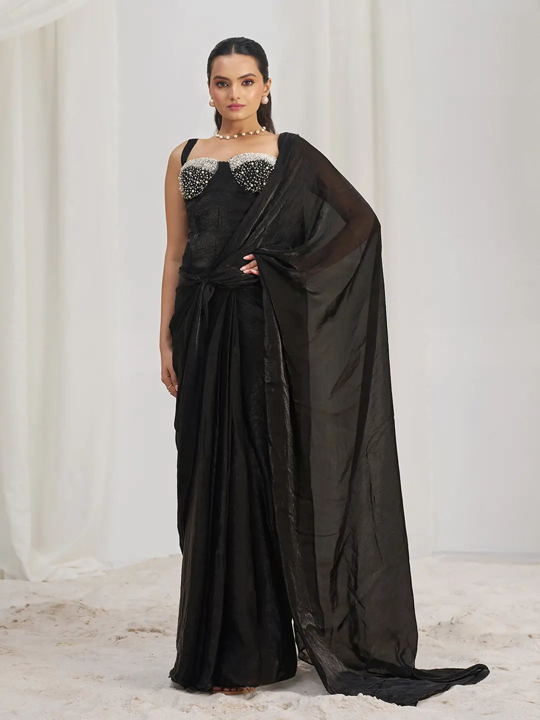 Black Organza Party Wear Saree With Handwork - qivii