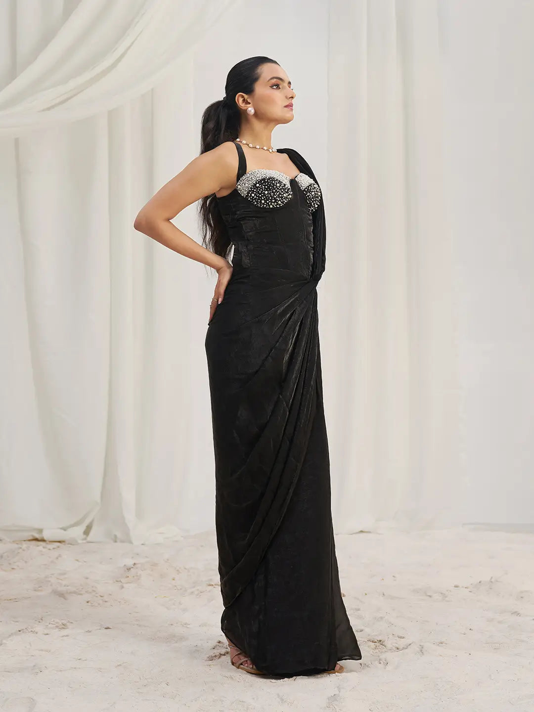 Black Organza Party Wear Saree With Handwork - qivii