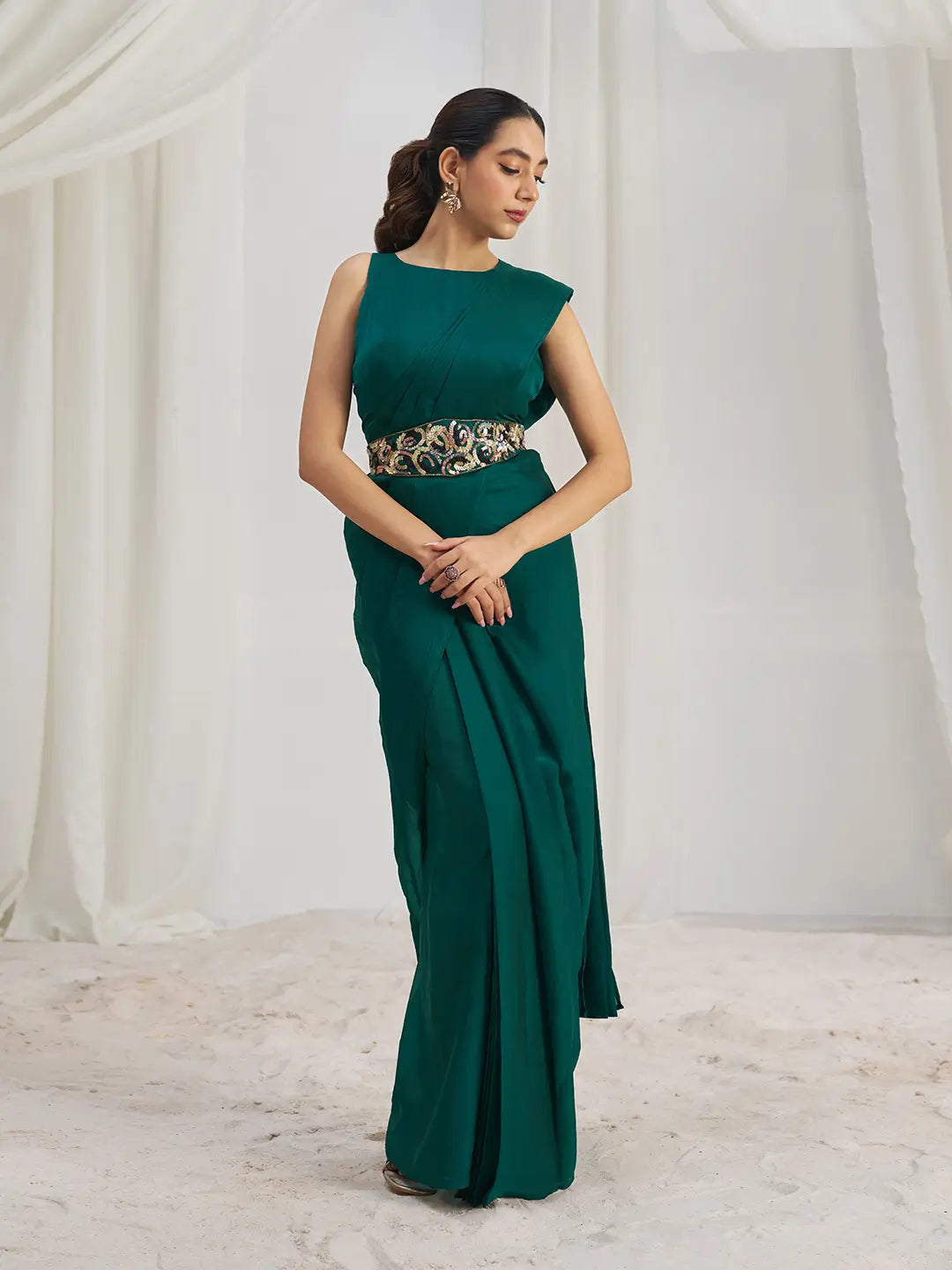 Teal Green Organza Party Wear Saree With Handwork - qivii