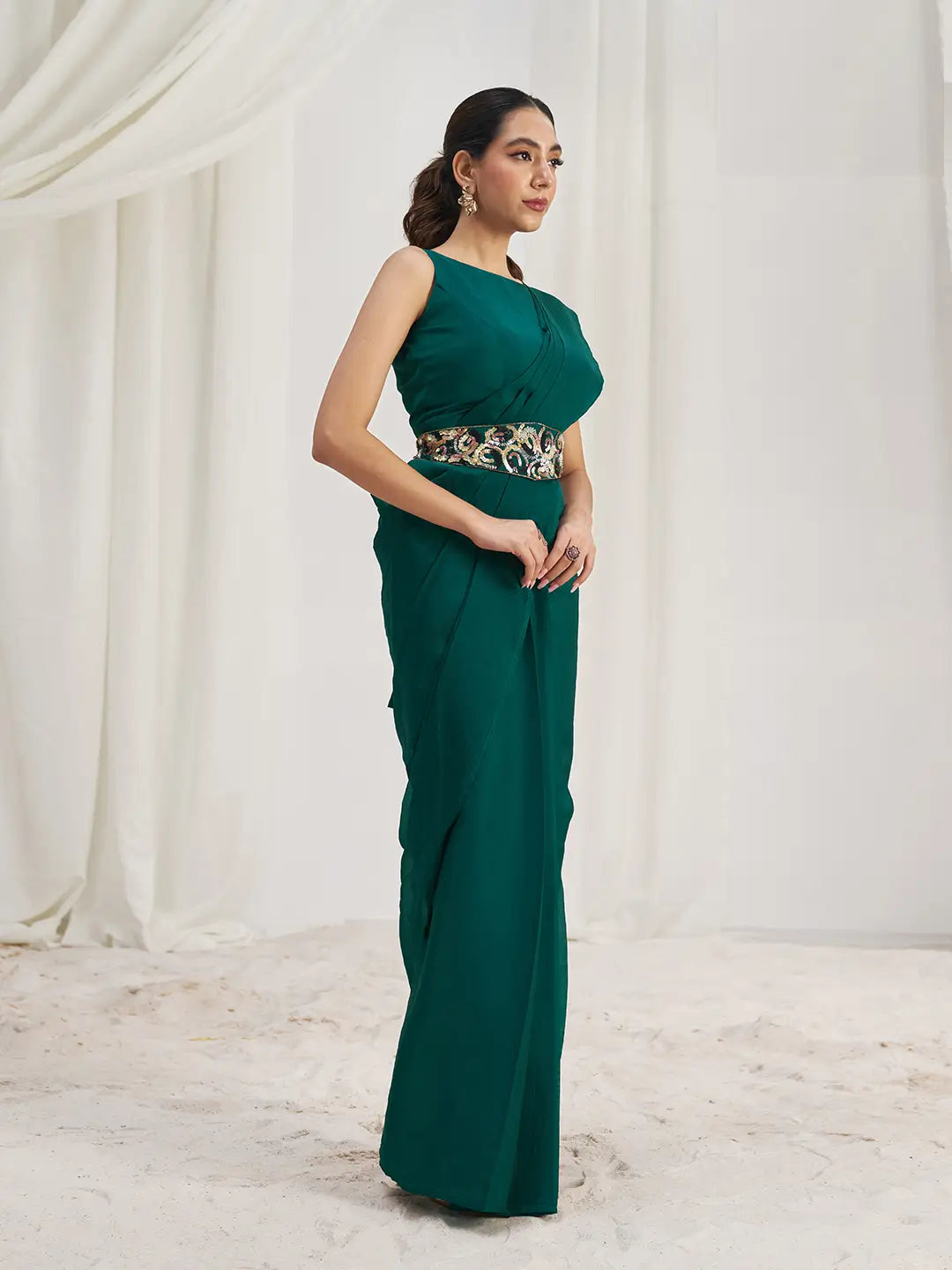 Teal Green Organza Party Wear Saree With Handwork - qivii