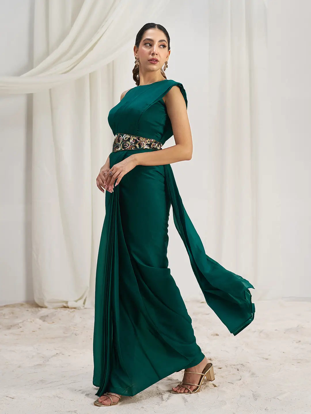 Teal Green Organza Party Wear Saree With Handwork - qivii