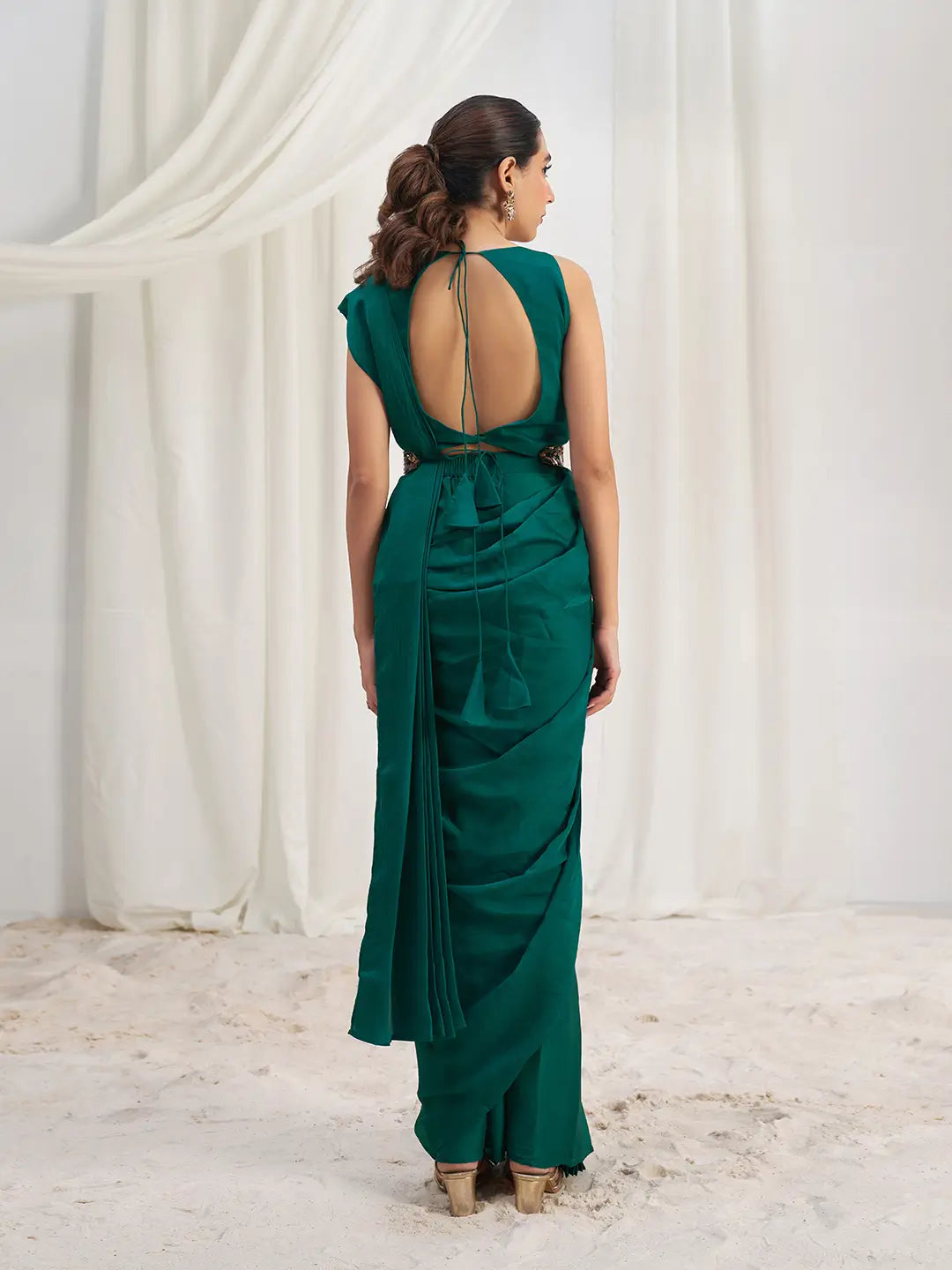 Teal Green Organza Party Wear Saree With Handwork - qivii