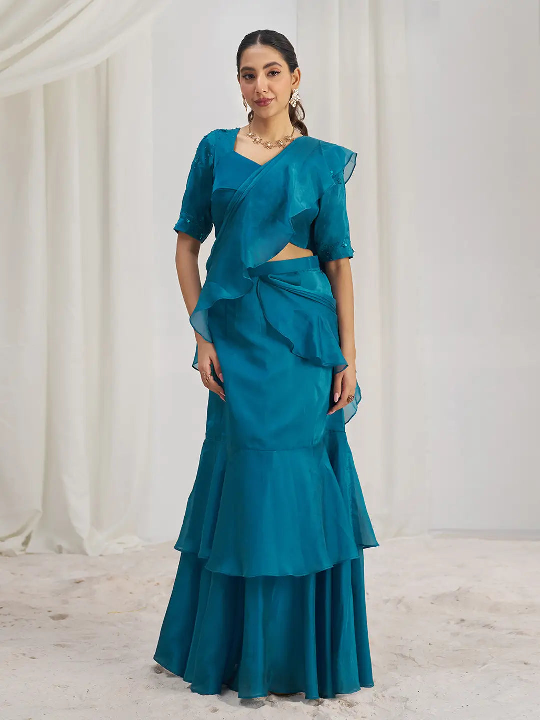 Teal Blue Organza Party Wear Saree With Handwork - qivii