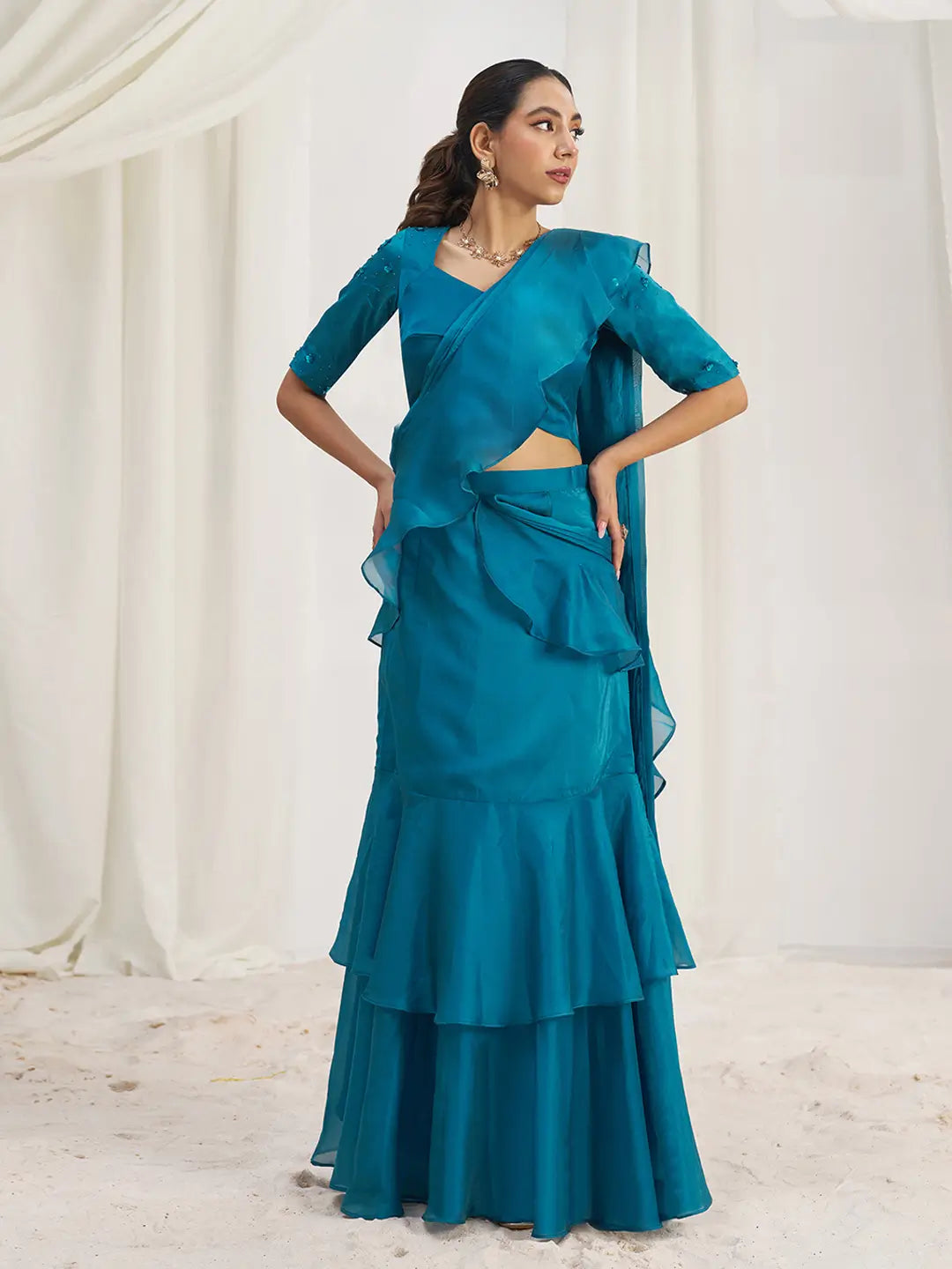 Teal Blue Organza Party Wear Saree With Handwork - qivii