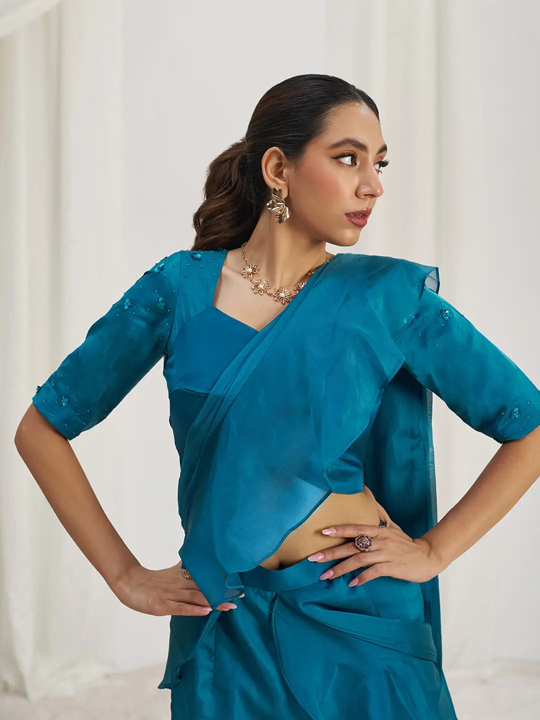Teal Blue Organza Party Wear Saree With Handwork - qivii