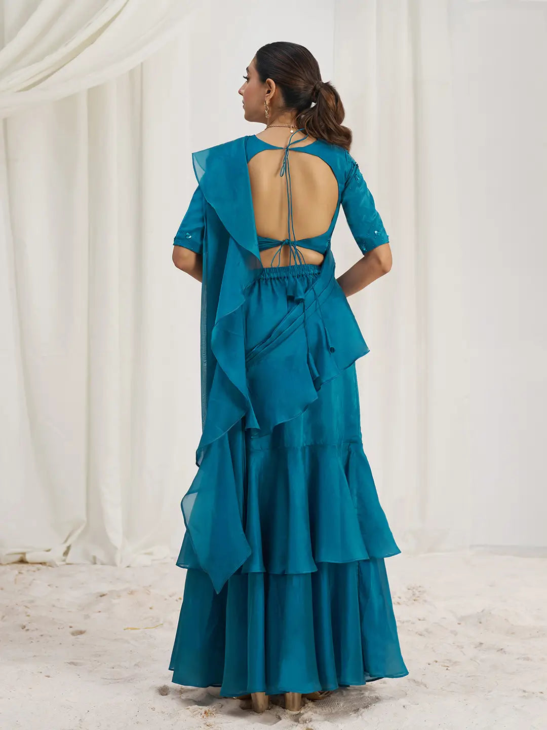 Teal Blue Organza Party Wear Saree With Handwork - qivii