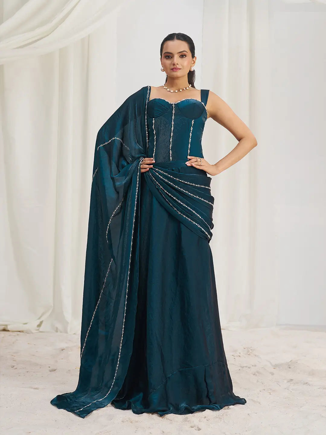 Navy Blue Organza Party Wear Saree With Handwork - qivii