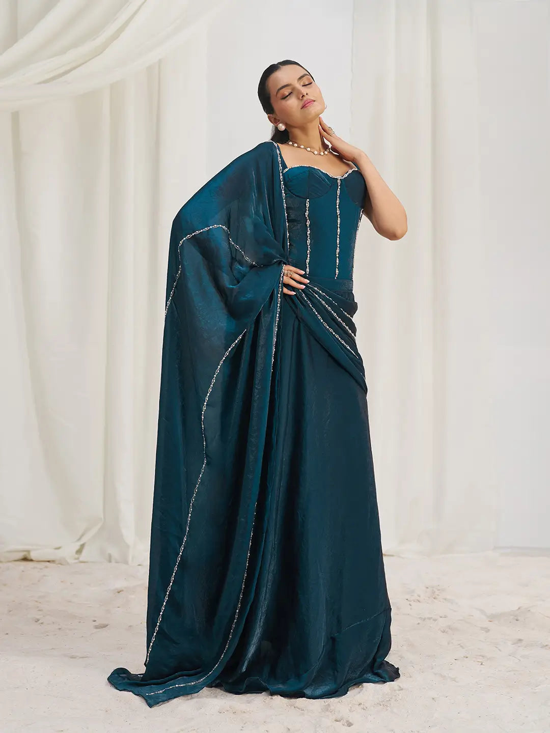 Navy Blue Organza Party Wear Saree With Handwork - qivii
