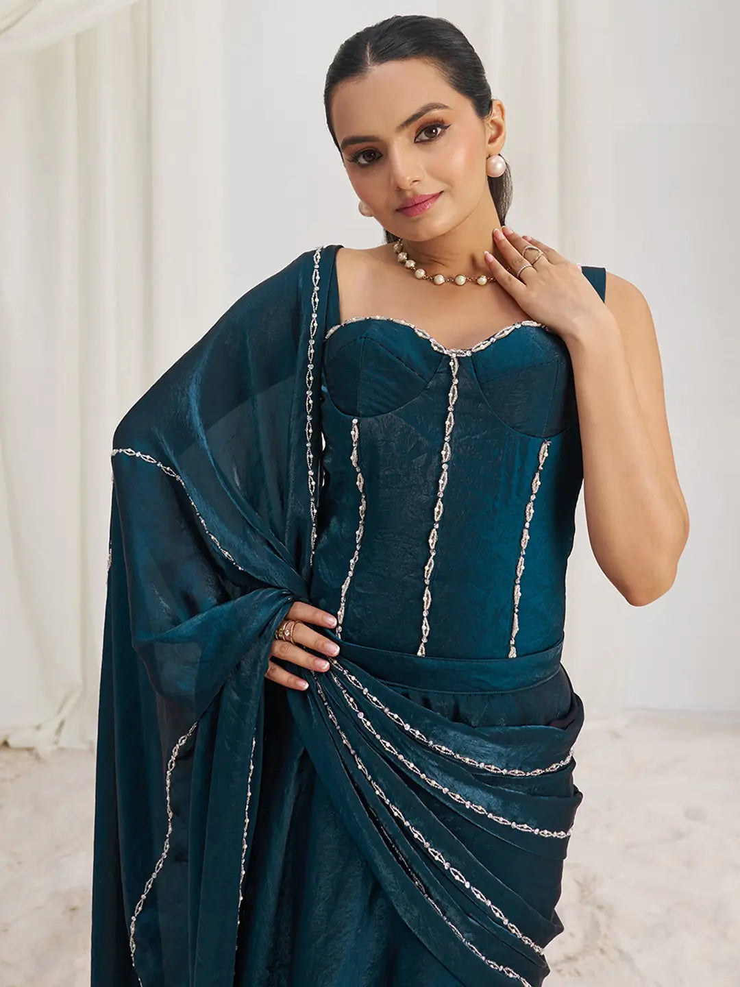 Navy Blue Organza Party Wear Saree With Handwork - qivii