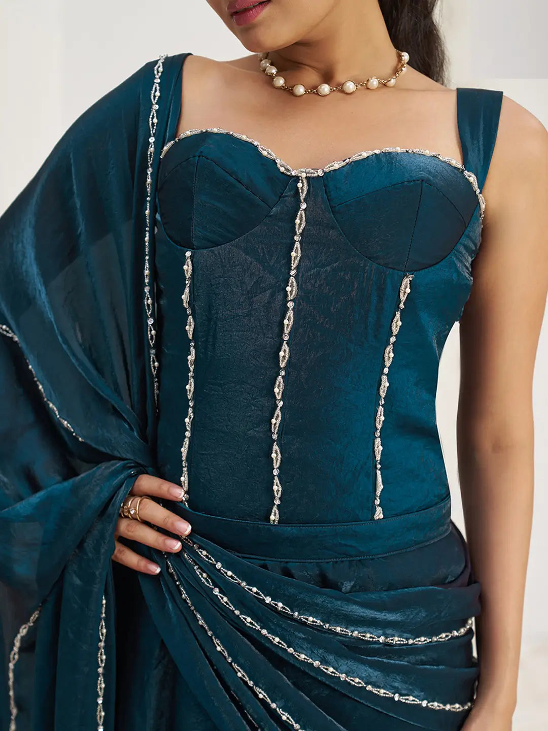 Navy Blue Organza Party Wear Saree With Handwork - qivii
