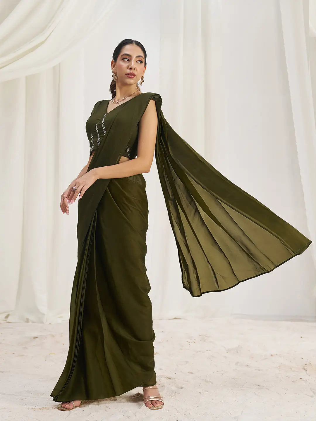 Olive Green Organza Party Wear Saree With Handwork - qivii