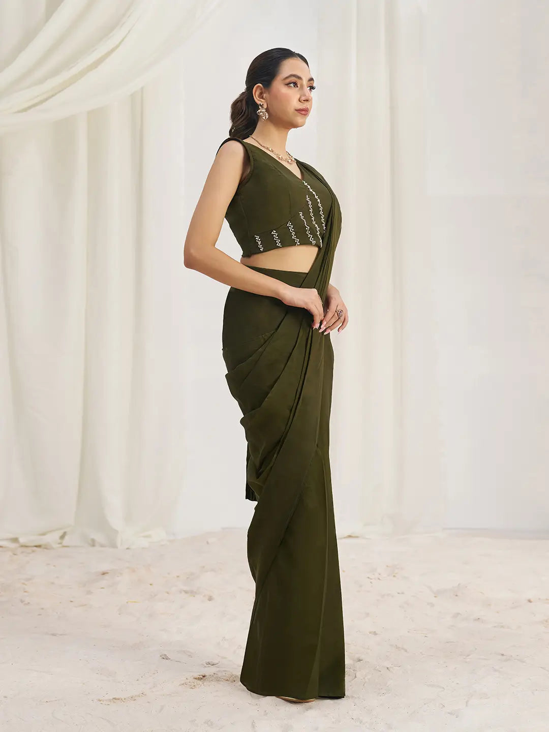 Olive Green Organza Party Wear Saree With Handwork - qivii