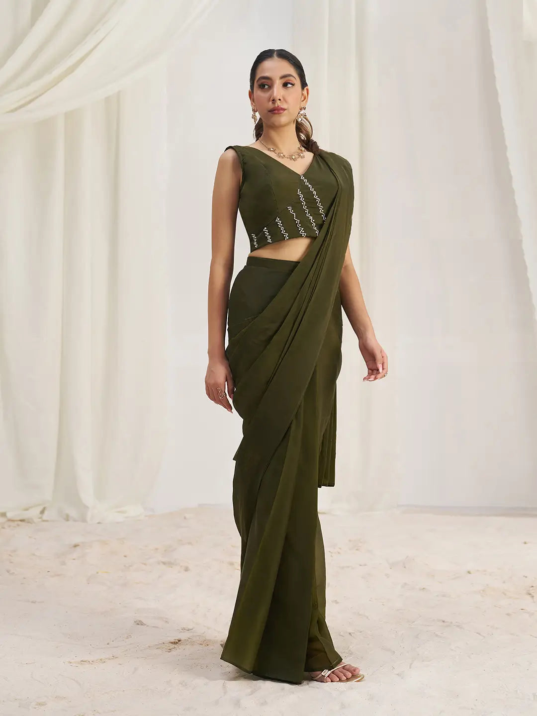 Olive Green Organza Party Wear Saree With Handwork - qivii