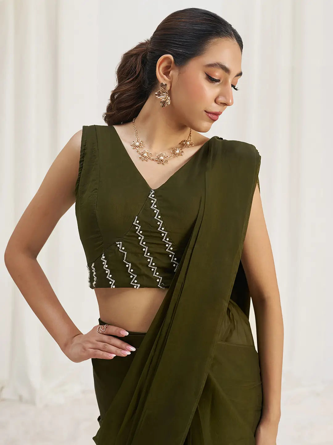 Olive Green Organza Party Wear Saree With Handwork - qivii