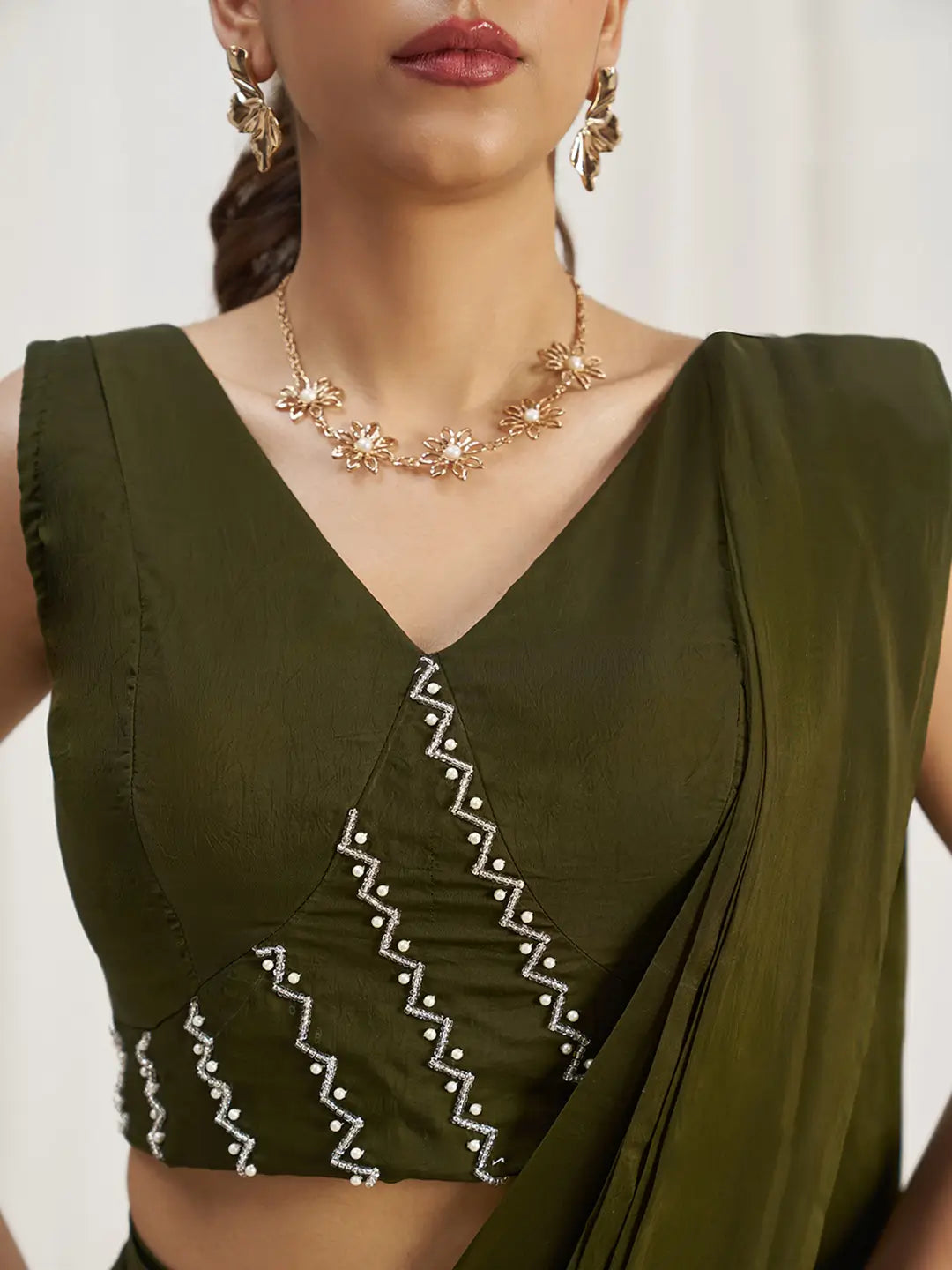 Olive Green Organza Party Wear Saree With Handwork - qivii