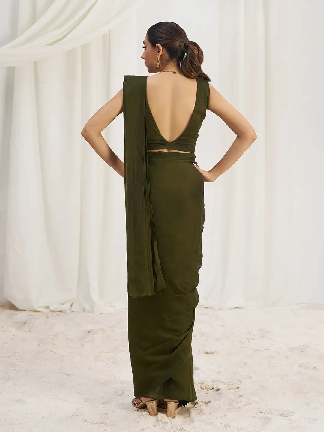 Olive Green Organza Party Wear Saree With Handwork - qivii